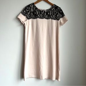 Short Sleeve Shift Dress Pink & Black Lace